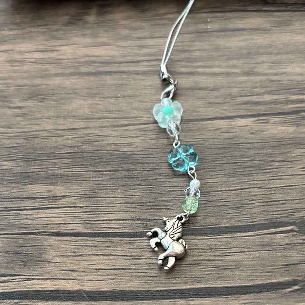 Chic Silver Pegasus Phone Charm with Blue and Green Beads